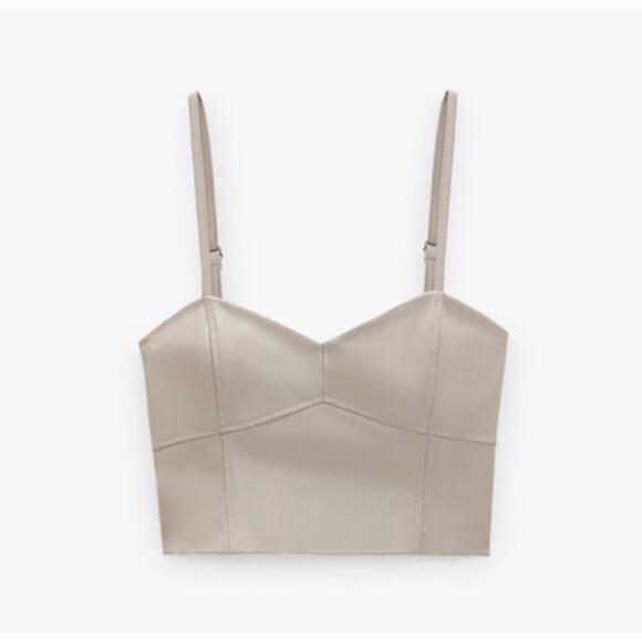 NEW Zara Soft VEGAN LEATHER CORSET-STYLE V-NECK CROP TOP/BUSTIER Taupe S - Picture 1 of 9